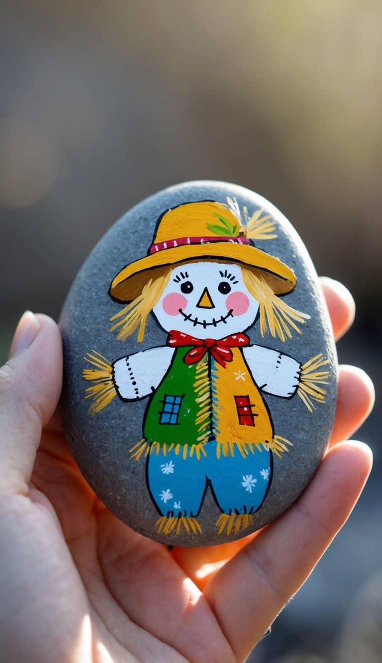A hand holds a smooth rock painted with a cheerful scarecrow wearing a red hat, green vest, blue pants, and a red bow tie, with straw details on its hands, feet, and hair.