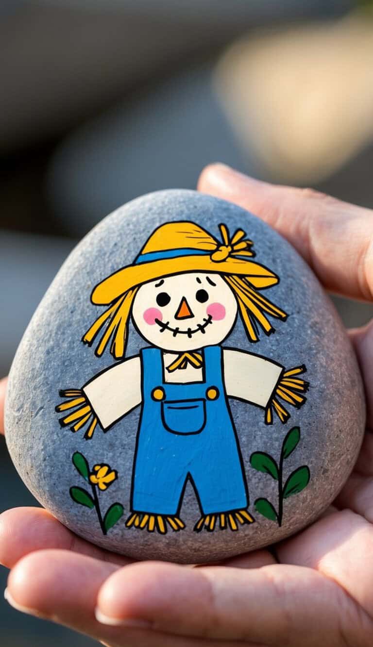 A hand holds a smooth rock painted with a cute scarecrow wearing a yellow hat and blue overalls, standing among green plants and a yellow flower.