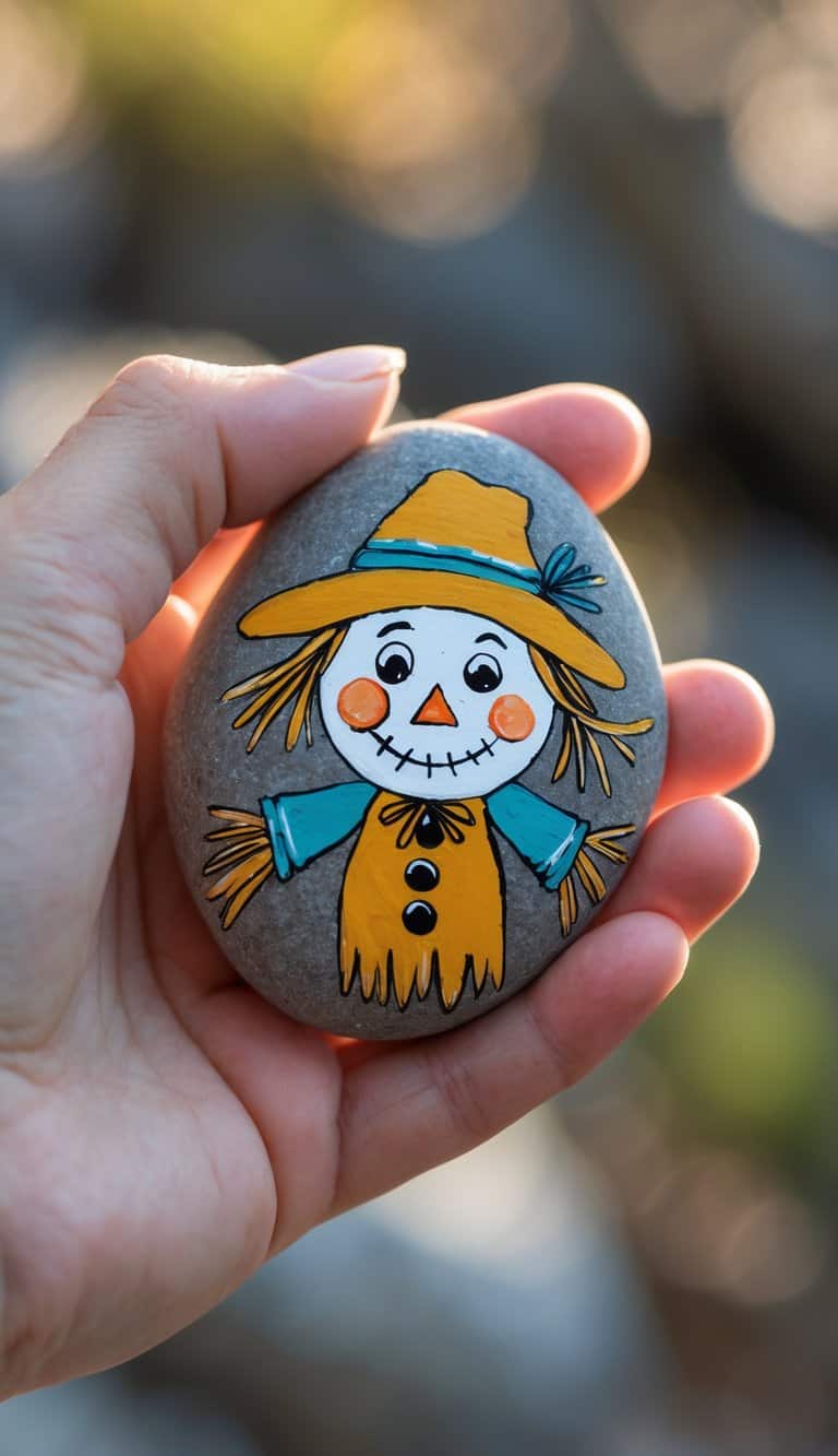 A hand holds a painted rock featuring a cheerful scarecrow with a yellow hat, orange cheeks, stitched smile, and colorful clothes, against a blurred outdoor background.