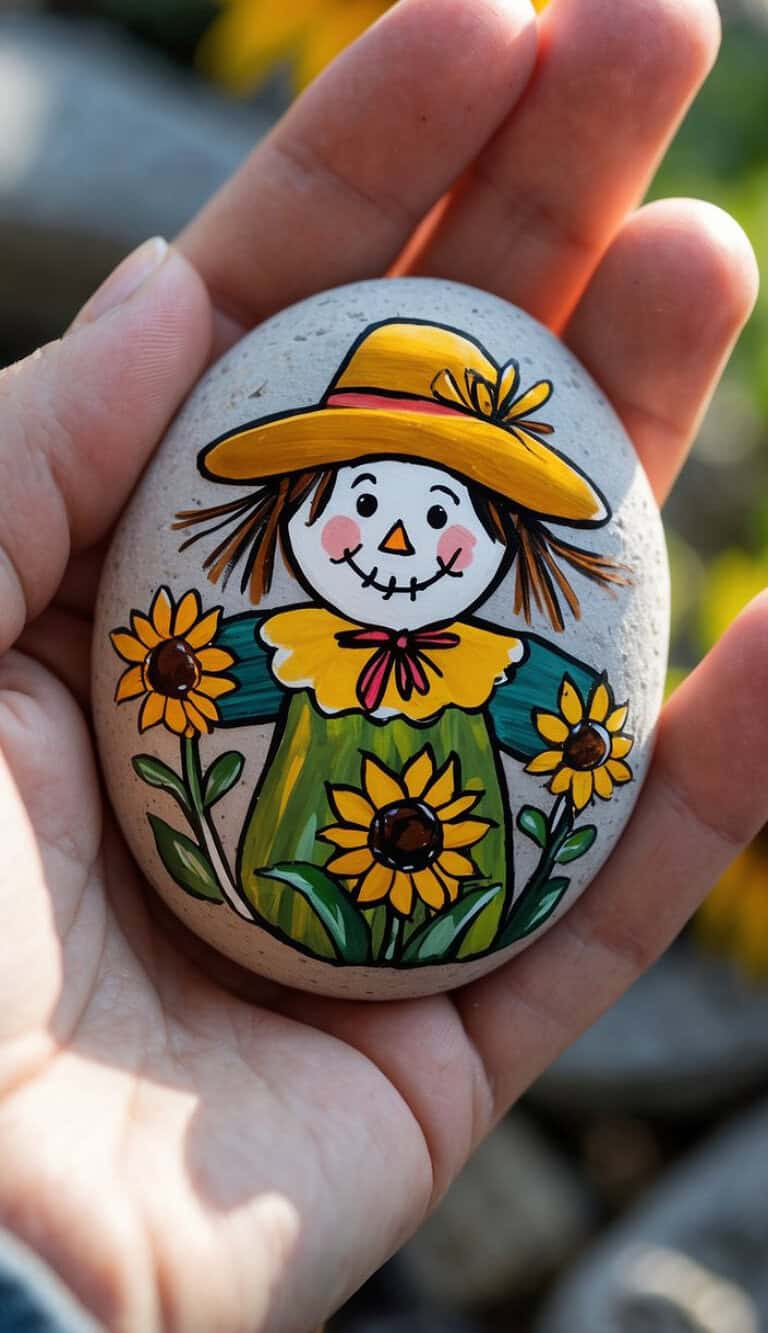 A hand holds a painted stone featuring a cheerful scarecrow with a yellow hat, surrounded by three sunflowers, against a blurred outdoor background.