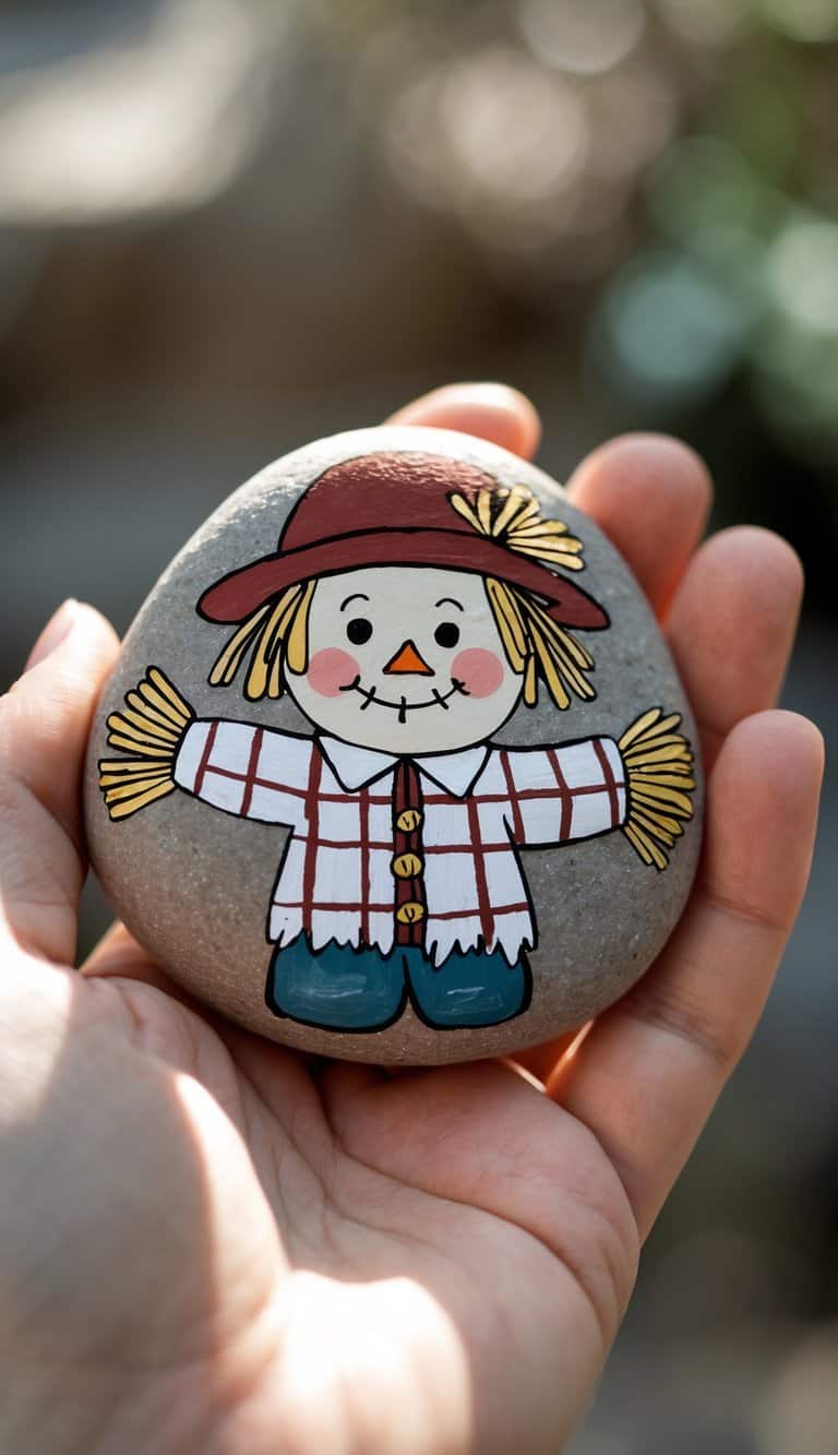 A hand holds a round stone painted with a smiling scarecrow wearing a red hat, plaid shirt, and blue pants. The scarecrow has straw hair and hands, with blush on its cheeks.