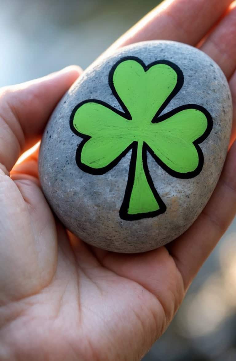 A hand holds a smooth gray stone painted with a bright green shamrock outlined in black. The background is softly blurred.