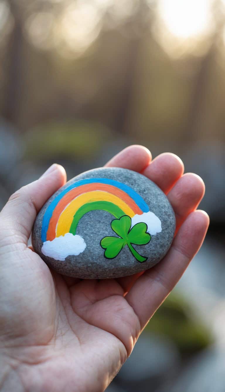A hand holds a smooth gray stone painted with a colorful rainbow, two white clouds, and a green shamrock. The background is softly blurred, suggesting an outdoor setting.