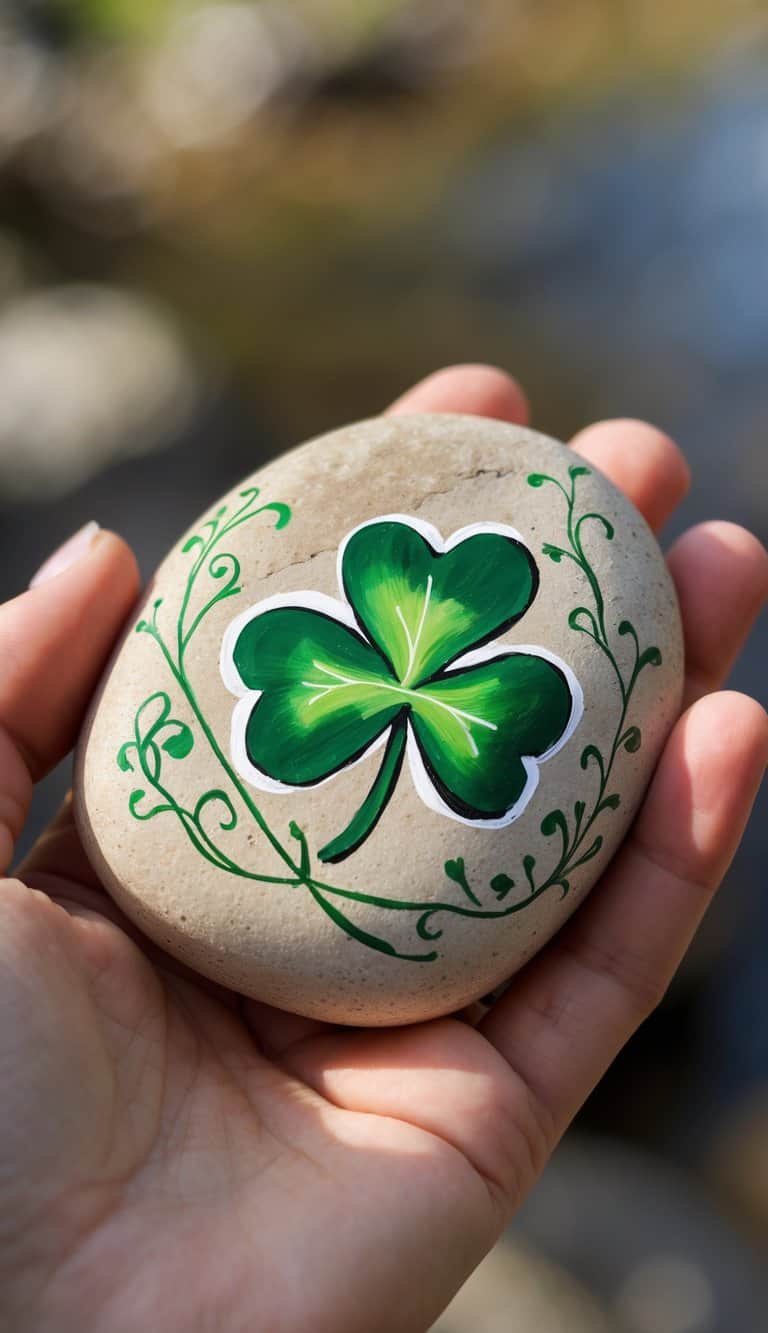 A hand holds a smooth stone painted with a green four-leaf clover and decorative vines. The background is softly blurred.