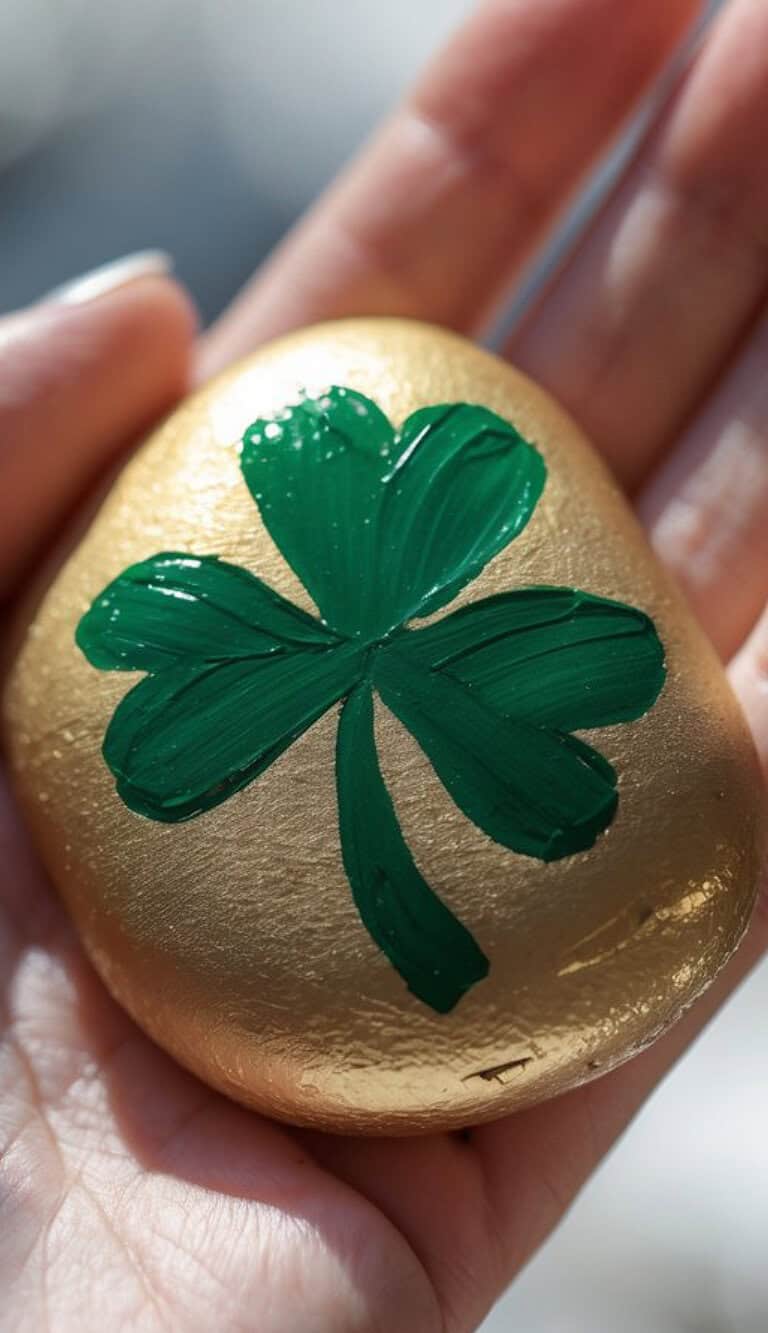 A hand holds a smooth, gold-painted stone featuring a large, green, four-leaf clover painted on its surface.