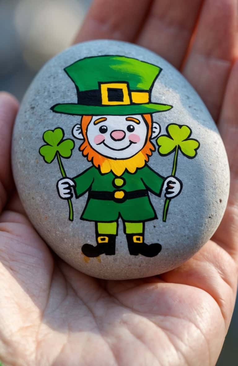 A hand holds a smooth stone painted with a cheerful leprechaun dressed in green, holding two shamrocks.
