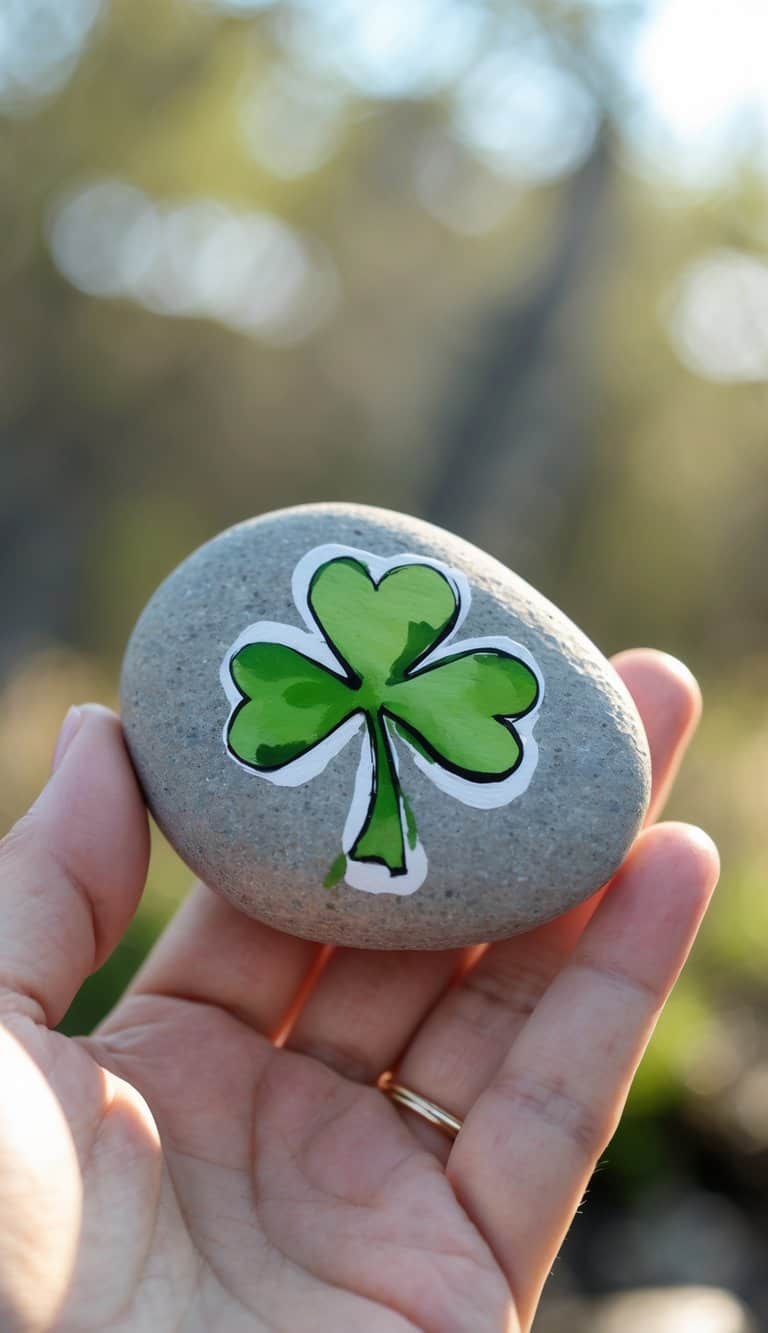 A hand holding a smooth gray stone with a green four-leaf clover painted on it, with a blurred natural background.