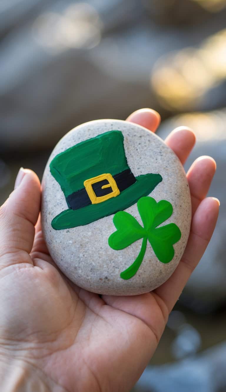 A hand holds a smooth stone painted with a green leprechaun hat and a green shamrock, symbolizing St. Patrick's Day.