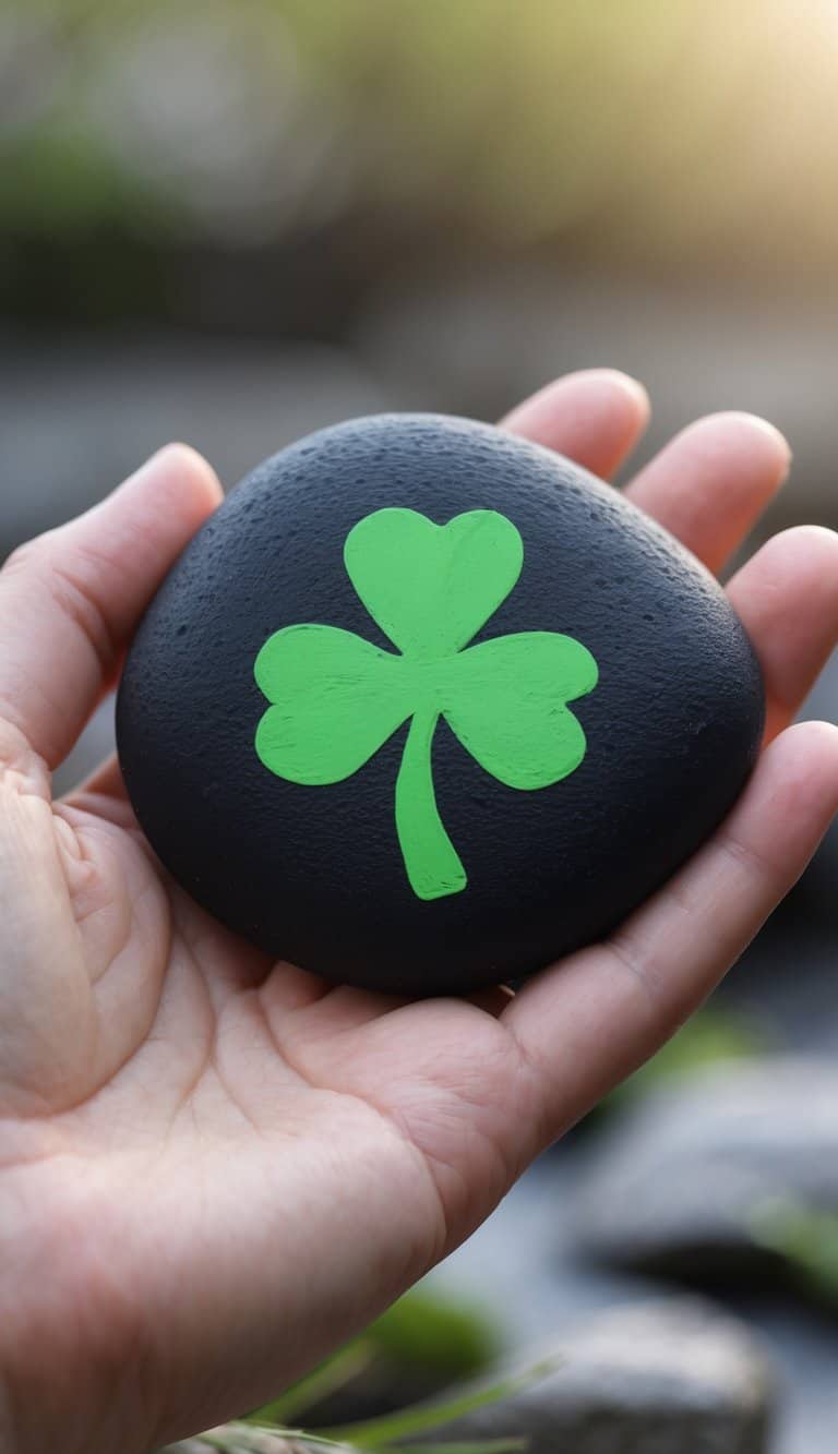 A hand holds a smooth black stone with a bright green shamrock painted on it. The background is blurred, suggesting an outdoor setting with natural light.