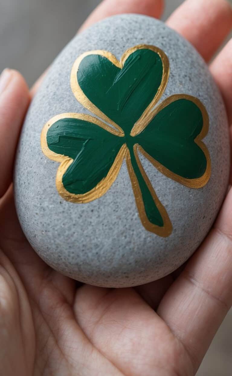 A hand holds a smooth gray stone painted with a green three-leaf clover outlined in gold.