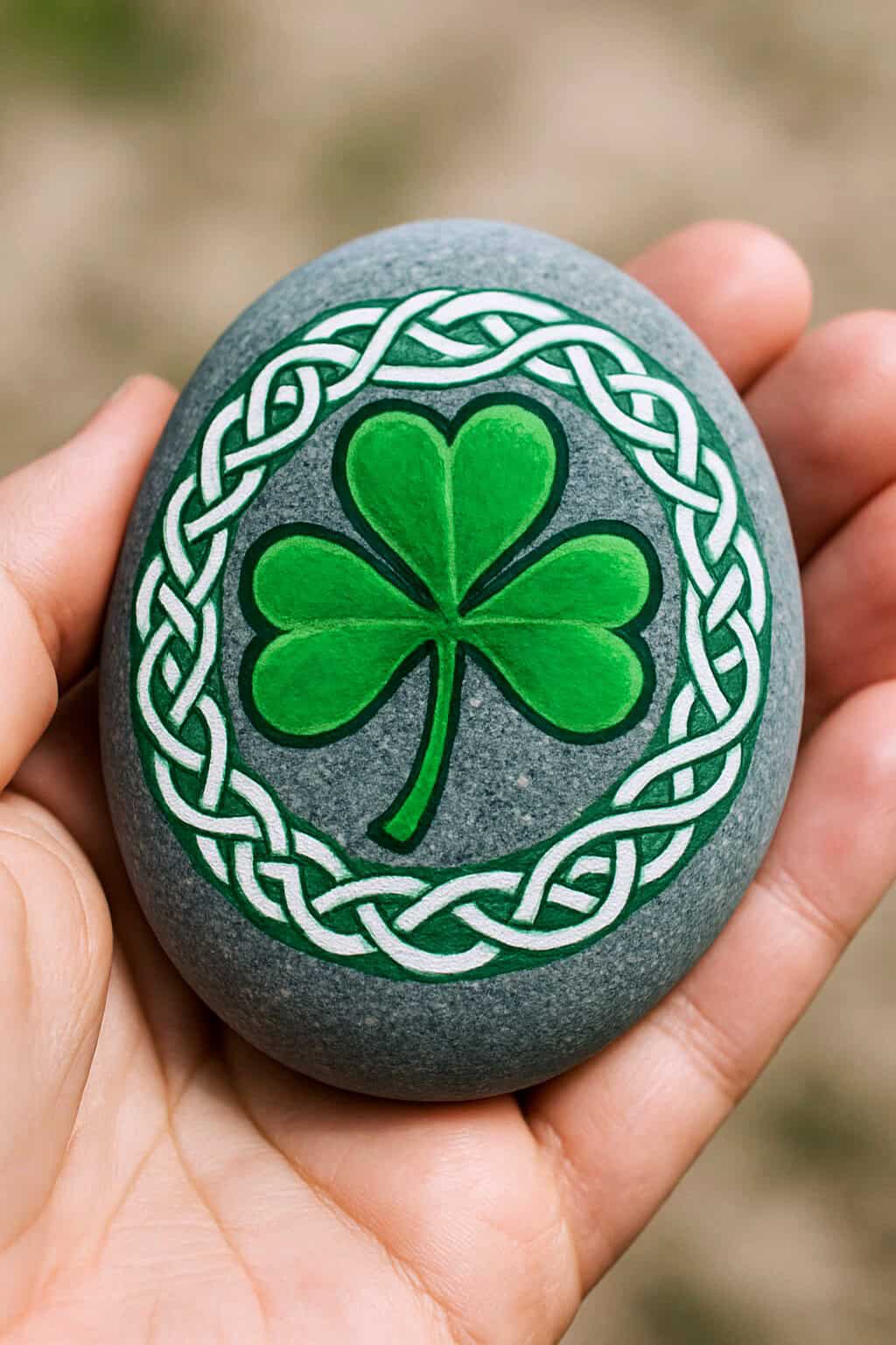 A hand holds a smooth gray stone painted with a green three-leaf clover surrounded by an intricate Celtic knot design.