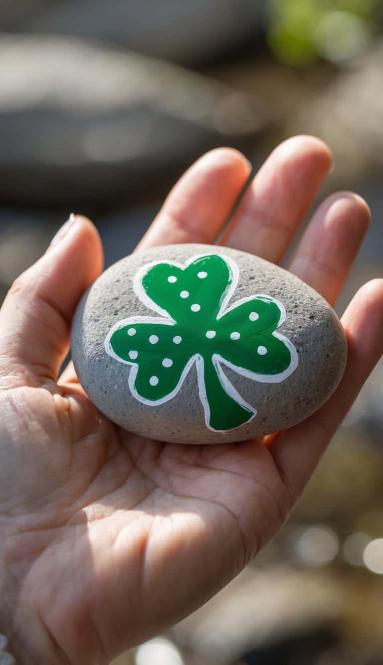 A hand holding a smooth gray stone painted with a green four-leaf clover outlined in white and decorated with white dots.