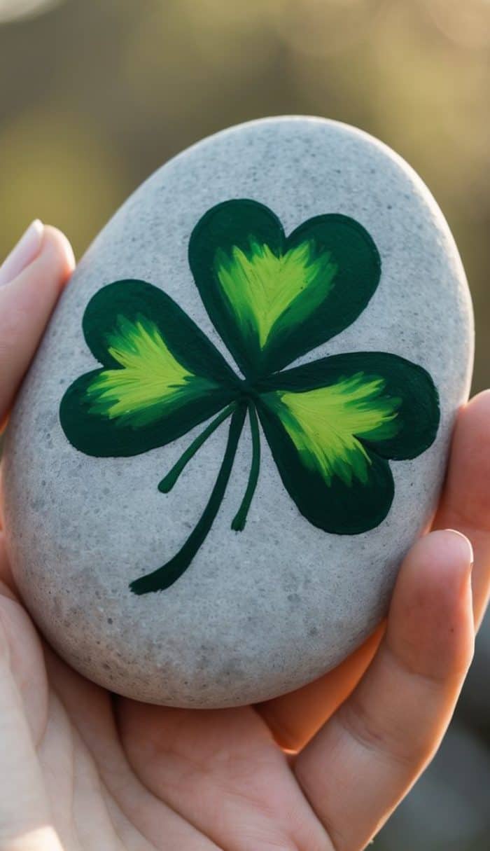 A hand holds a smooth gray stone with a green, yellow, and black painted shamrock design on its surface.