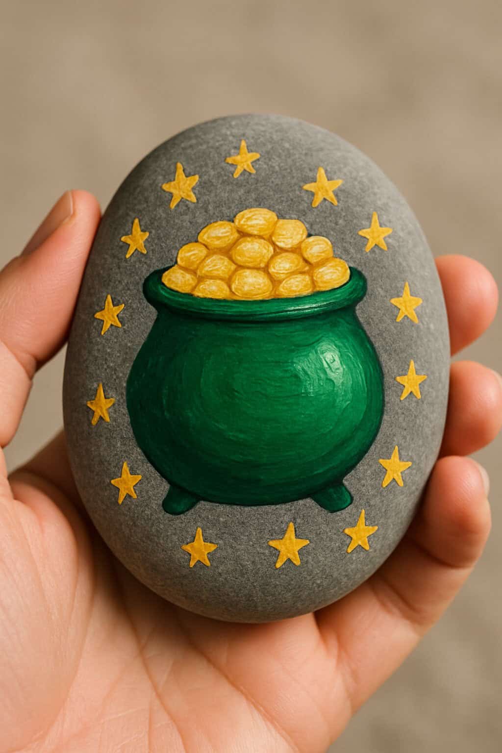 A hand holds a smooth gray stone painted with a green cauldron filled with gold coins, surrounded by yellow stars on the surface.
