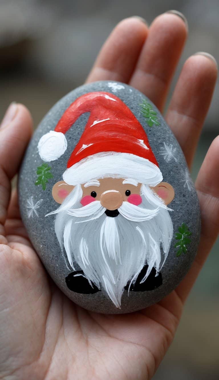 A hand holding a smooth river rock painted with a Christmas gnome wearing a red Santa hat and a white beard.
