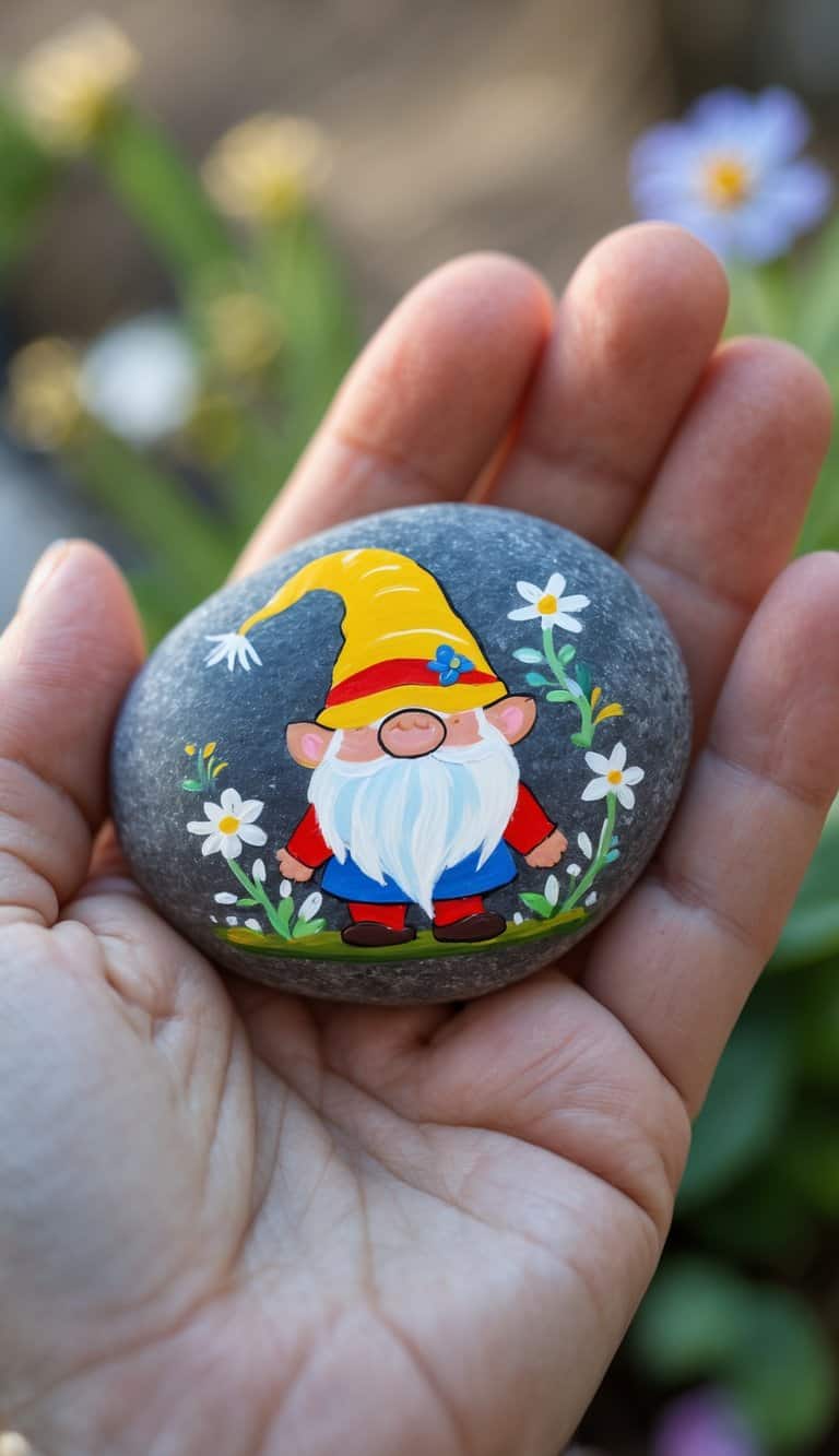 A hand holding a smooth river rock painted with a small gnome and tiny flowers.