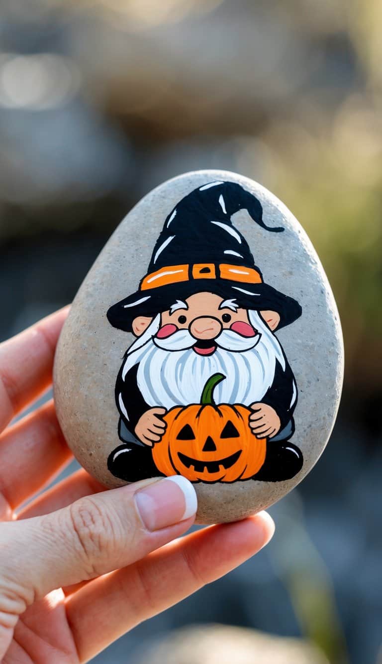 A hand holding a smooth river rock painted with a Halloween gnome wearing a black hat and holding a pumpkin.