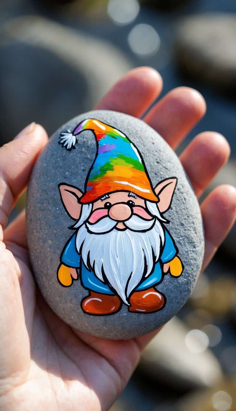 A hand holding a smooth river rock painted with a colorful gnome design.