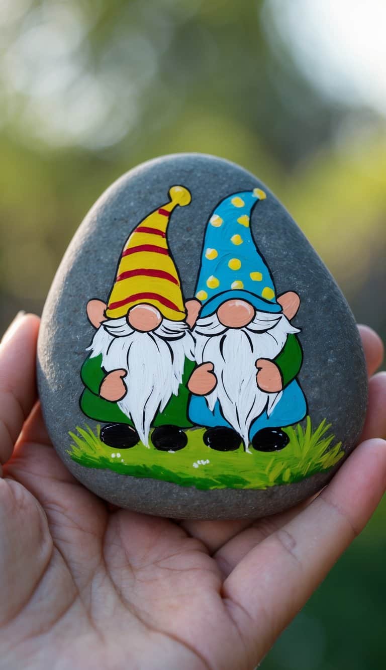 A hand holding a smooth river rock painted with a gnome couple wearing colorful hats.