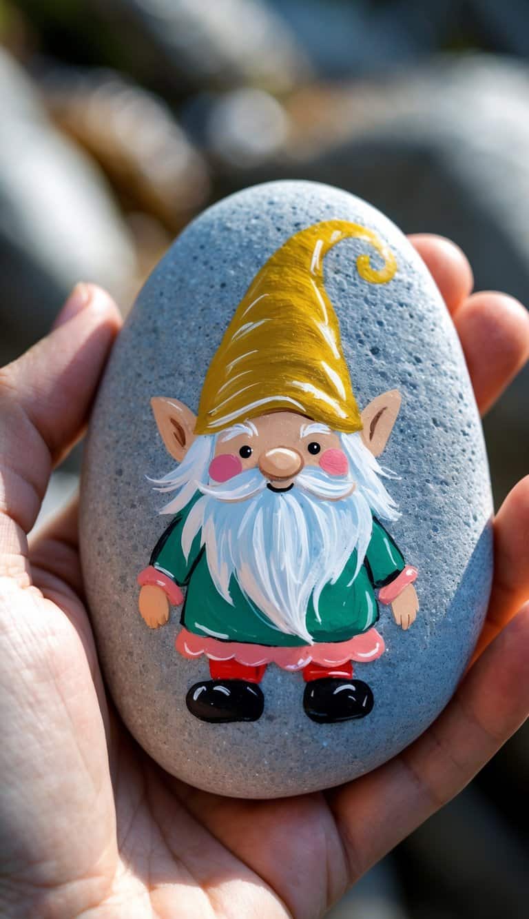 A hand holding a smooth river rock painted with a colorful gnome wearing a golden pointed hat.