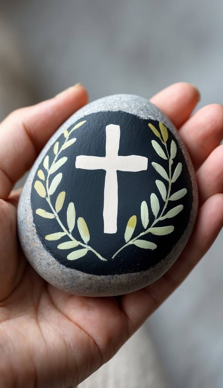A hand holding a smooth river rock painted with a cross and olive branches.