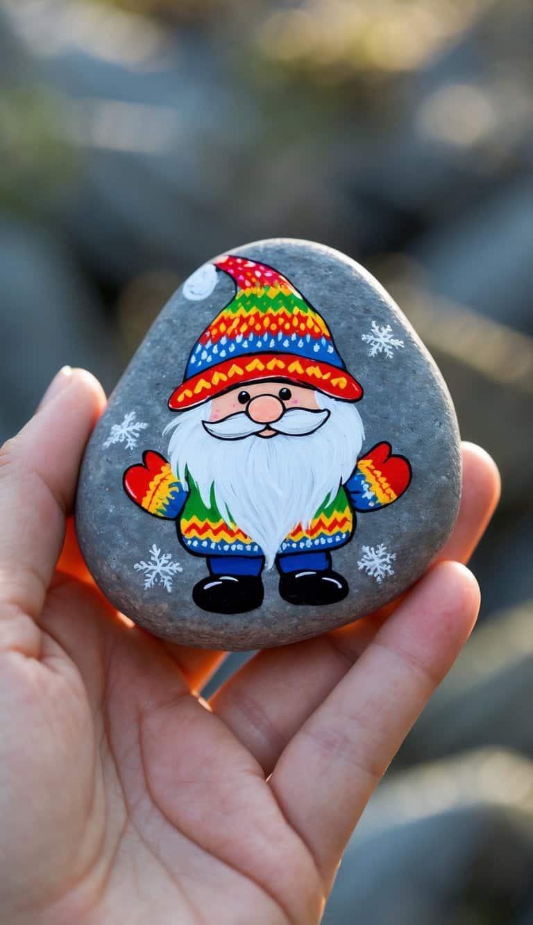 A hand holding a smooth river rock painted with a winter gnome wearing a colorful knitted hat and mittens.
