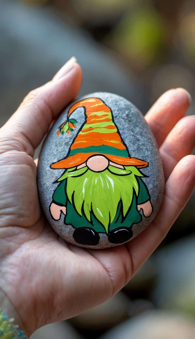 A hand holding a smooth river rock painted with a colorful gnome design in bright orange and green.