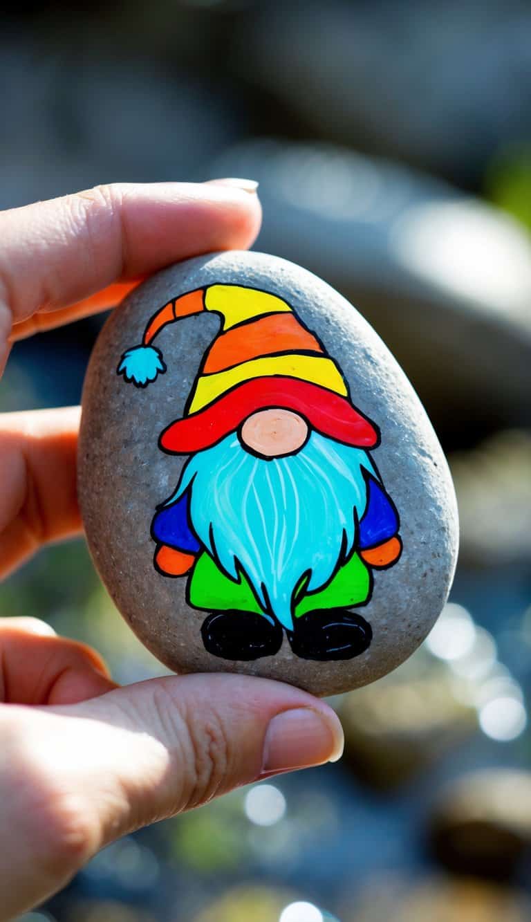 A hand holding a smooth river rock painted with a small gnome wearing a colorful hat.