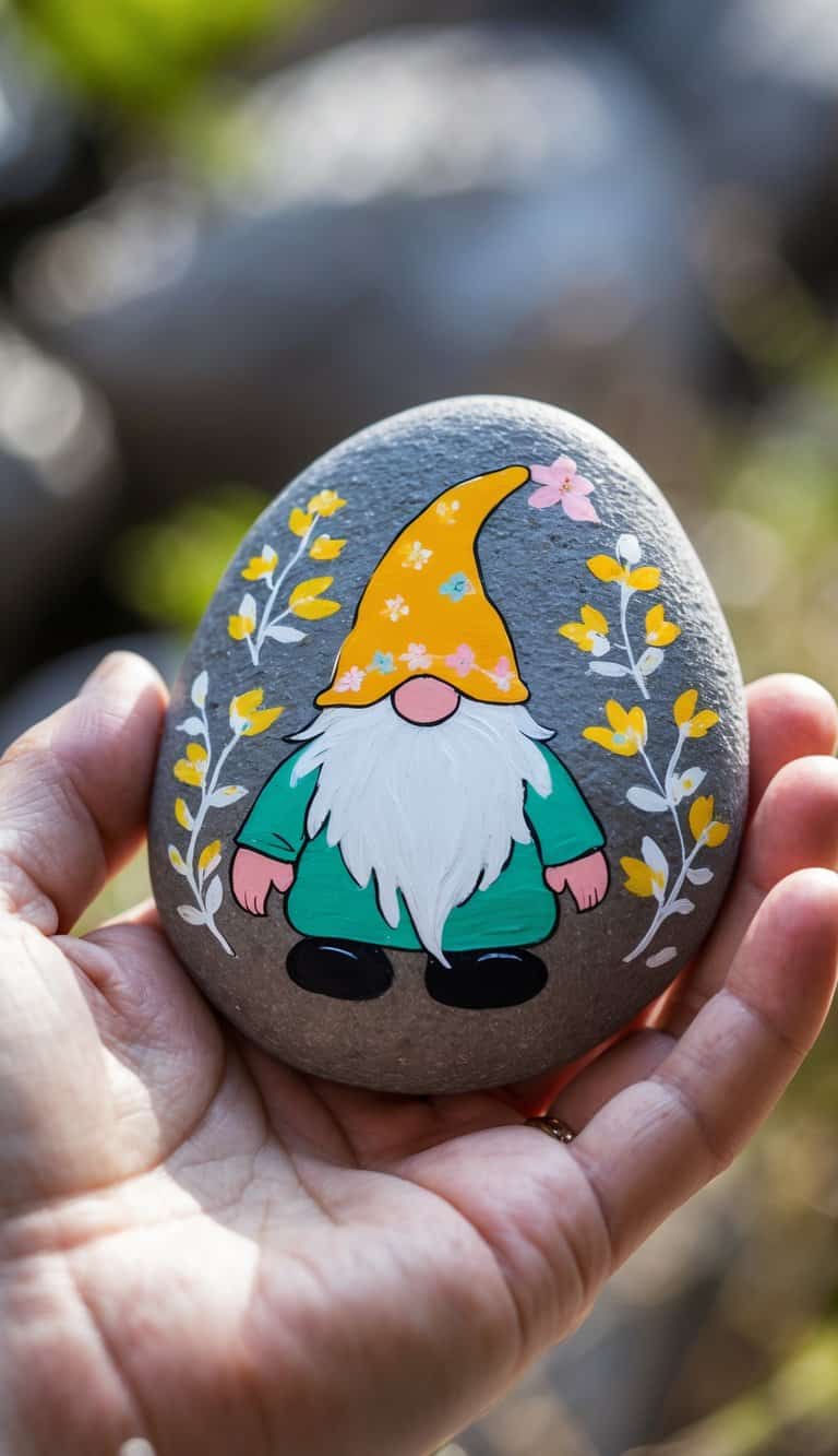 A hand holding a smooth river rock painted with a gnome wearing a colorful hat decorated with flowers.