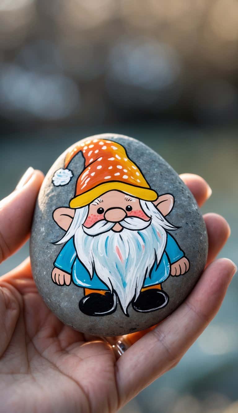 A hand holding a smooth river rock painted with a small gnome character wearing a colorful hat.