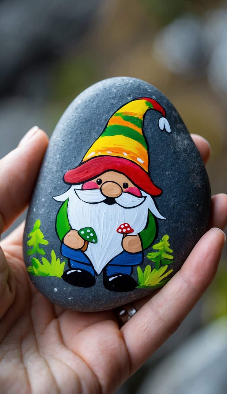 A hand holding a smooth river rock painted with a gnome and miniature mushrooms.