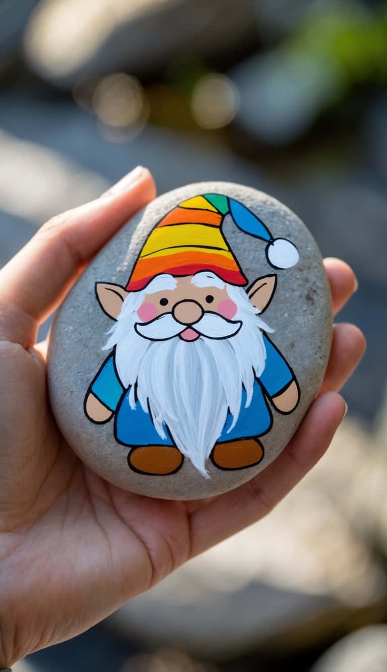 A hand holding a smooth river rock painted with a colorful gnome design.