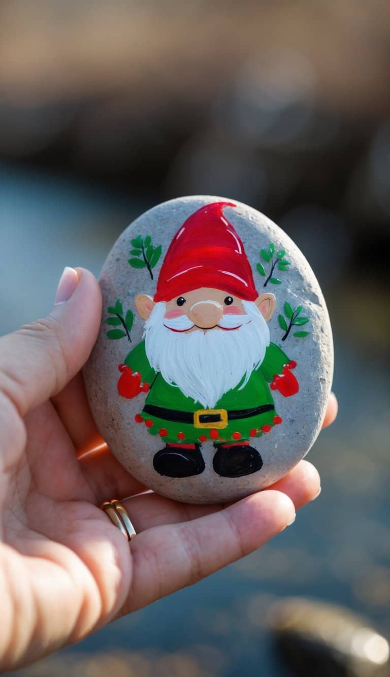A hand holding a smooth river rock painted with a simple Christmas gnome in red and green colors.