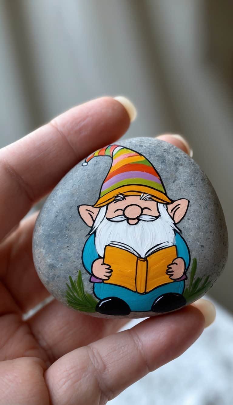 A hand holding a smooth painted rock featuring a small gnome reading a tiny book.