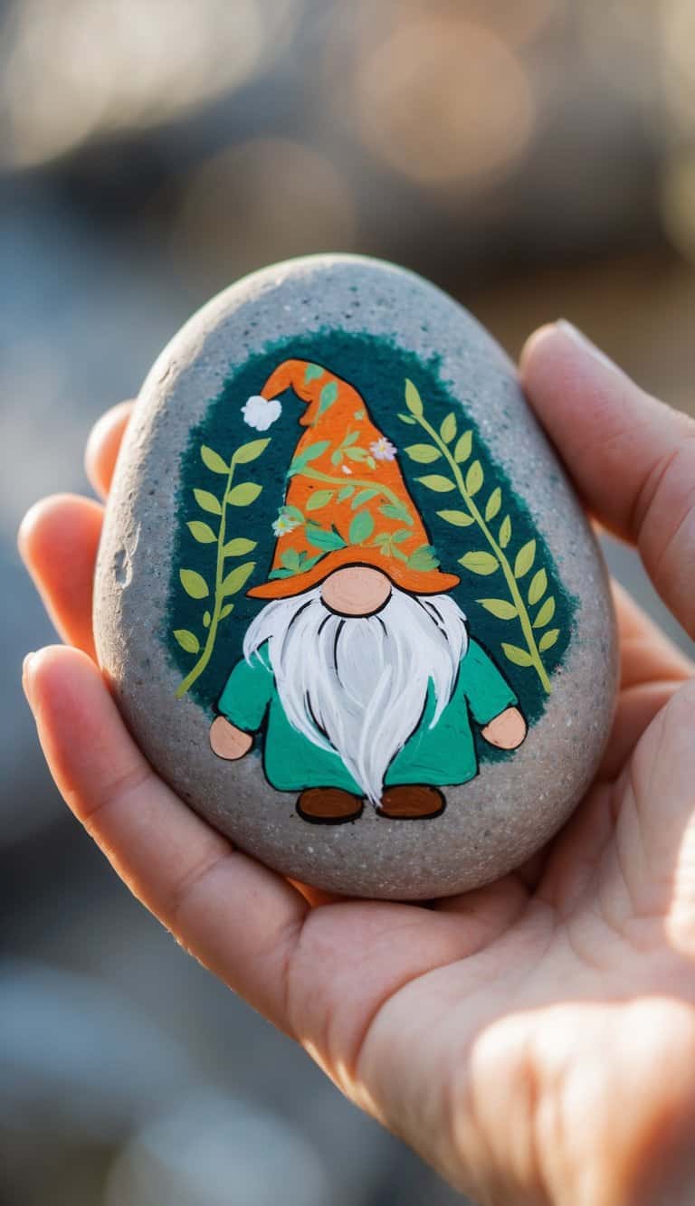 A hand holding a smooth river rock painted with a small gnome wearing a colorful hat decorated with leaf patterns.