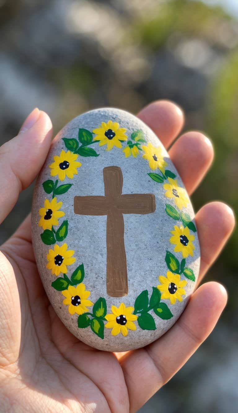 A hand holding a smooth river rock painted with a cross and sunflower border.