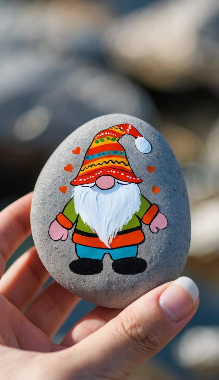 A hand holding a small painted rock with a colorful gnome design.