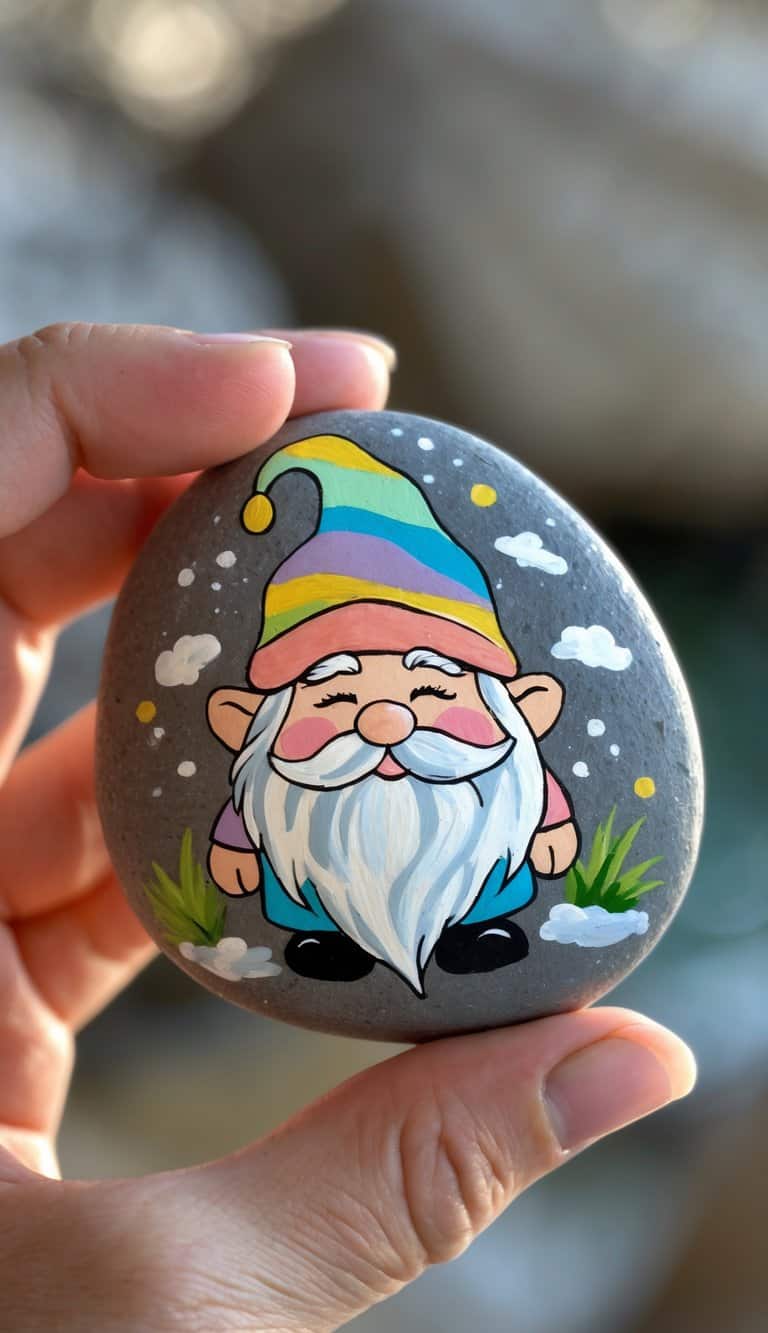 A hand holding a smooth river rock painted with a cute gnome wearing a colorful hat.