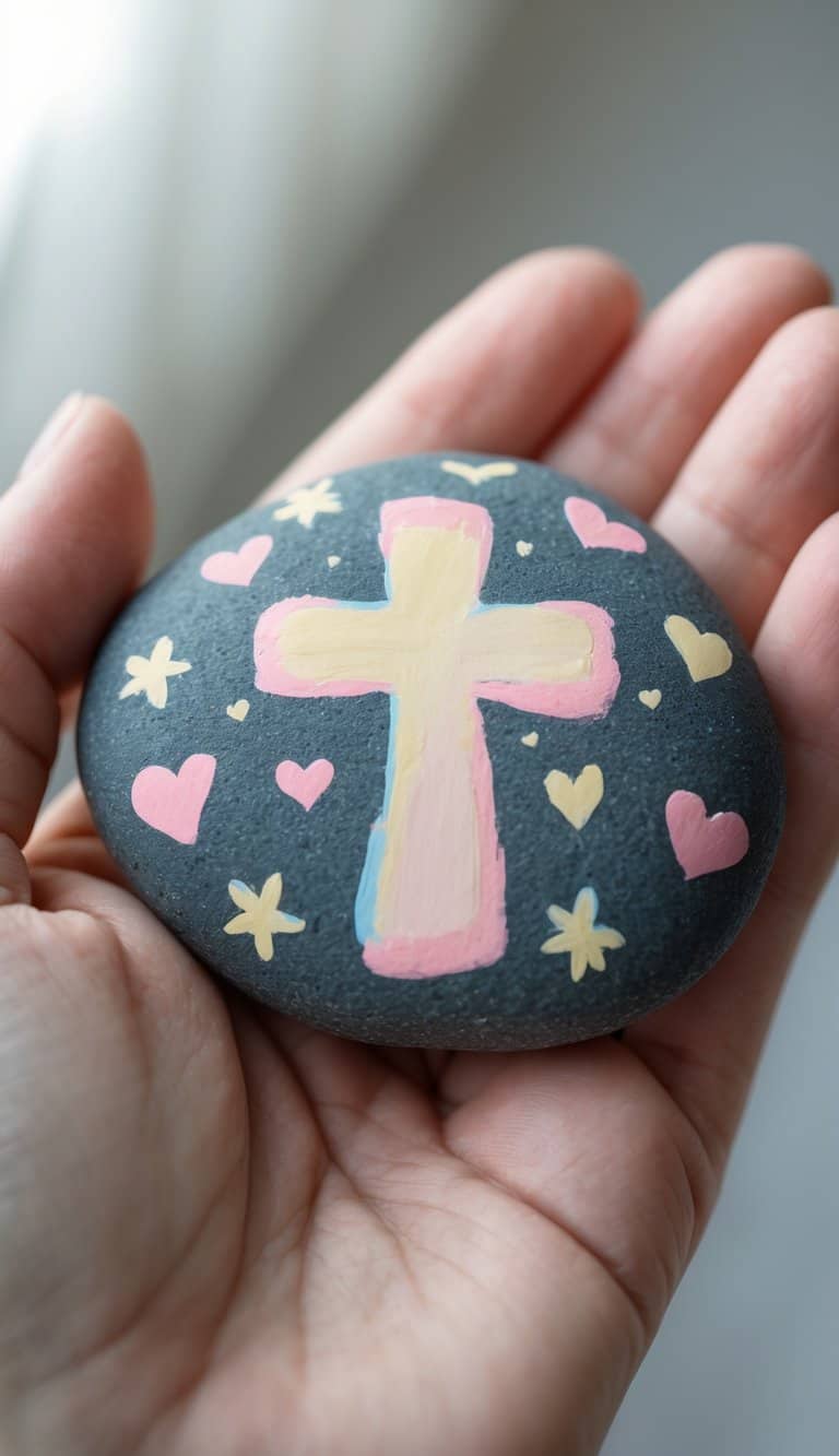 A hand holding a smooth river rock painted with a cross, hearts, and stars.