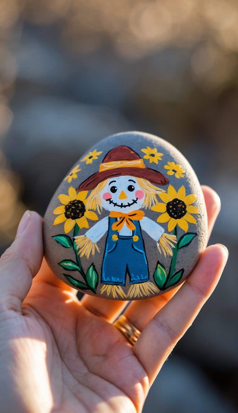 A hand holding a smooth painted rock with a scarecrow and sunflowers design.