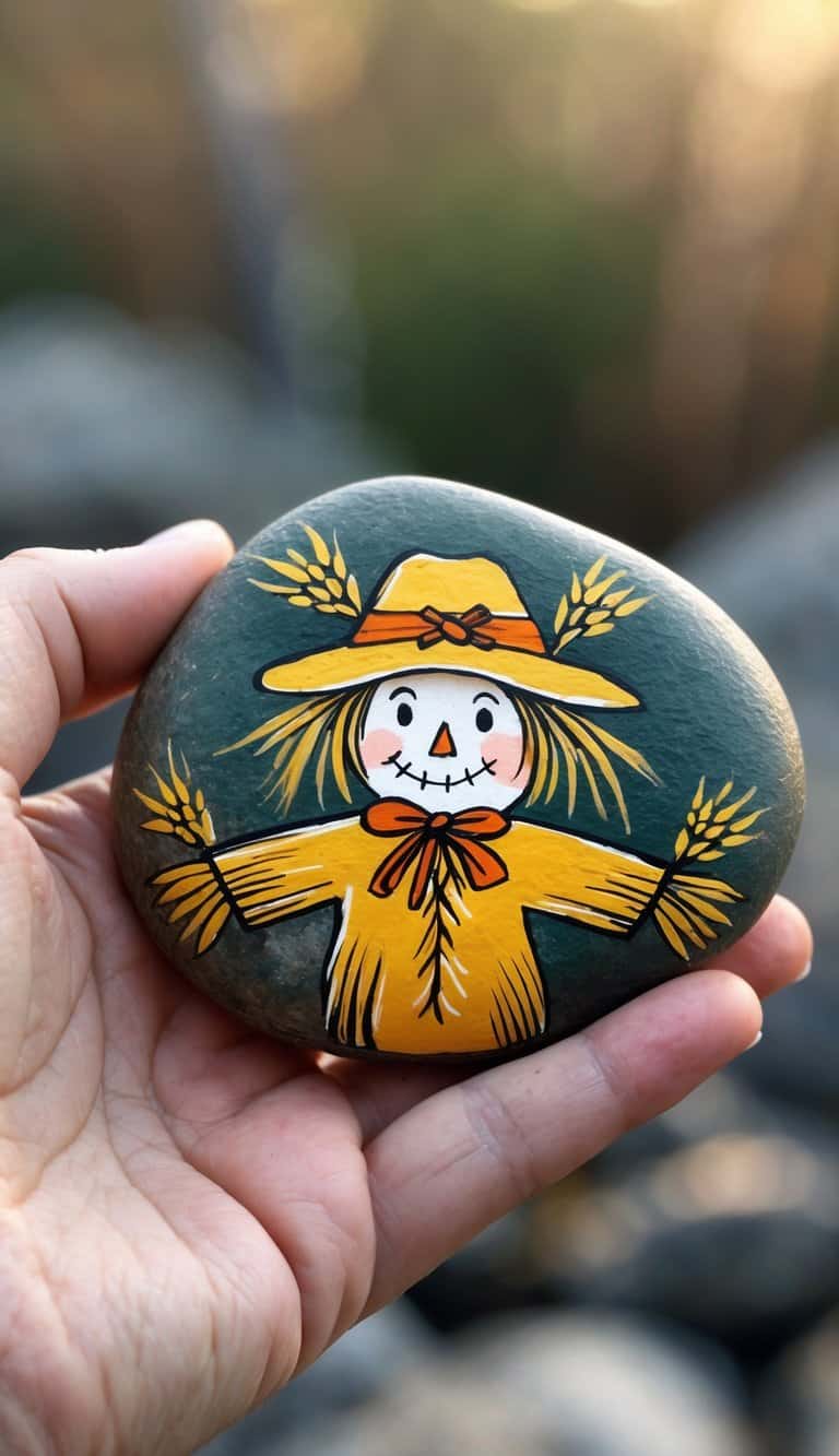 A hand holding a smooth river rock painted with a wheat hat scarecrow design.