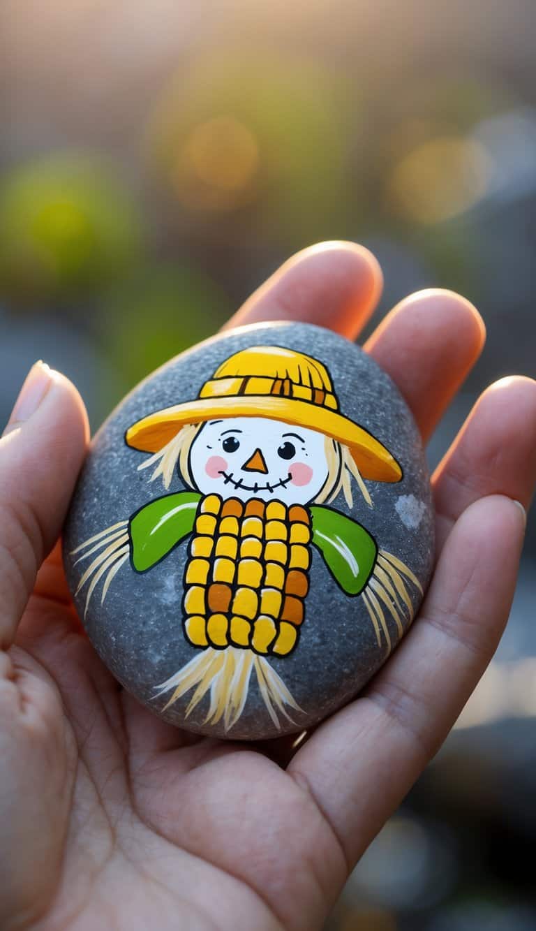 A hand holding a painted river rock with a corn cob scarecrow design.
