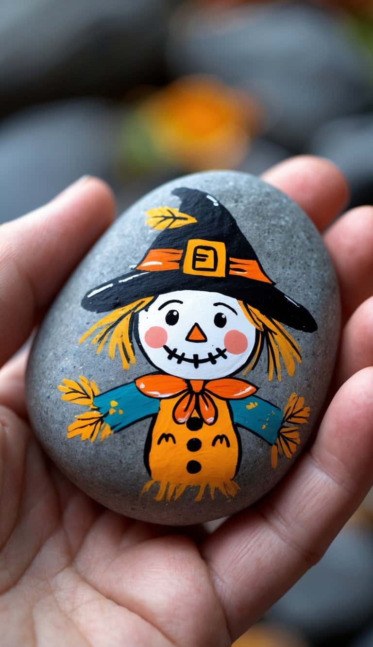 A hand holding a smooth river rock painted with a simple Halloween scarecrow design.
