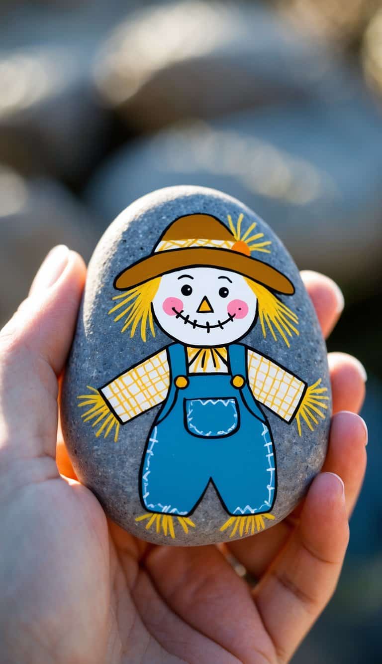 A hand holding a smooth river rock painted with a simple scarecrow wearing overalls.
