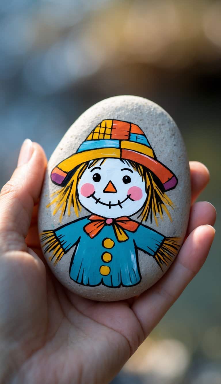 A hand holding a smooth river rock painted with a smiling scarecrow wearing a patch hat.