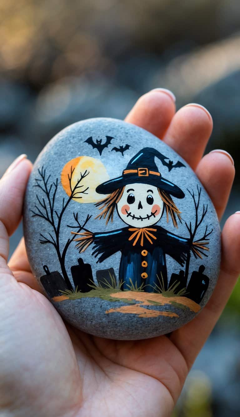 A hand holding a smooth river rock painted with a simple creepy scarecrow design.