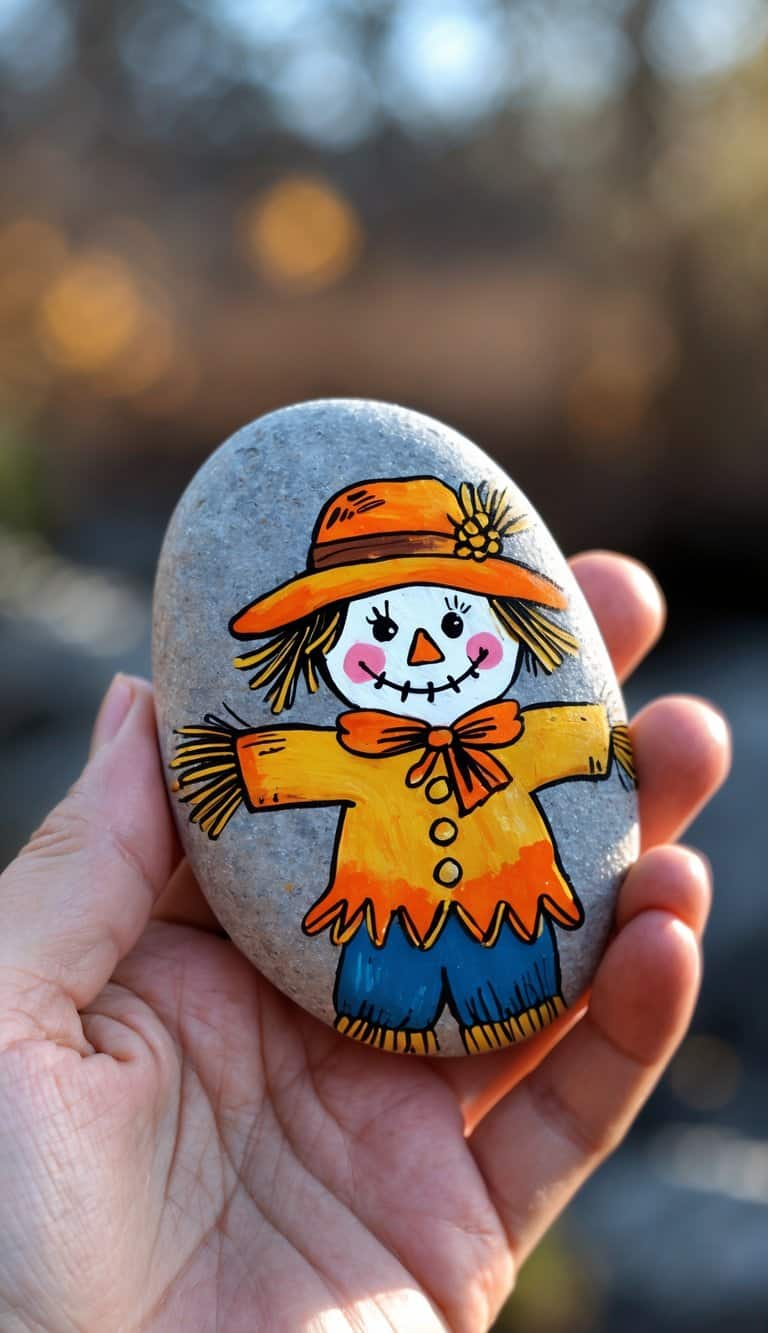 A hand holding a smooth river rock painted with a happy fall scarecrow design.