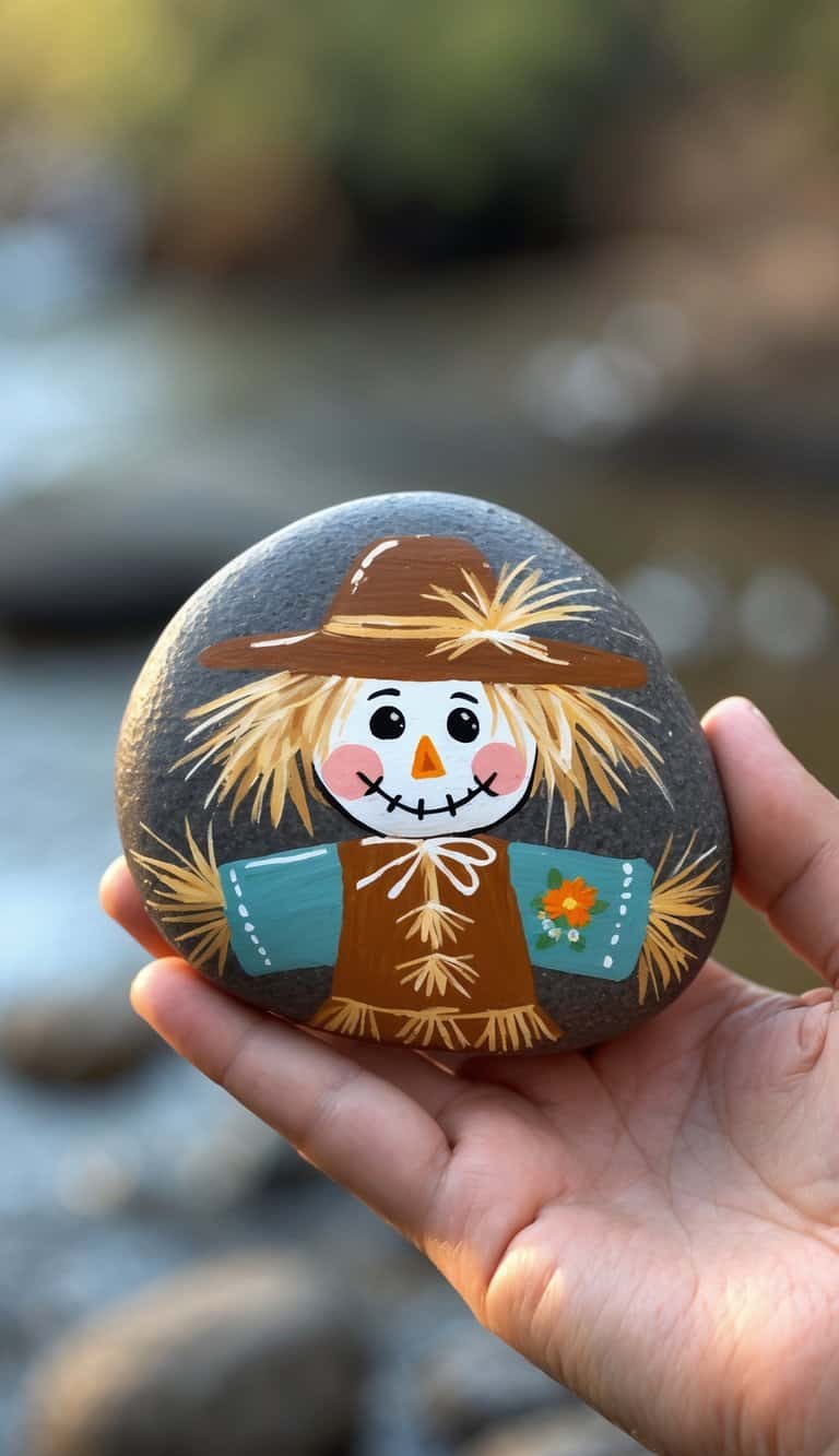 A hand holding a smooth river rock painted with a scarecrow design.