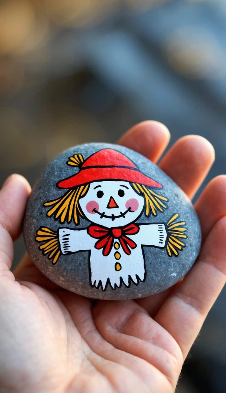 Hand holding a smooth river rock painted with a simple scarecrow wearing a red bandana.