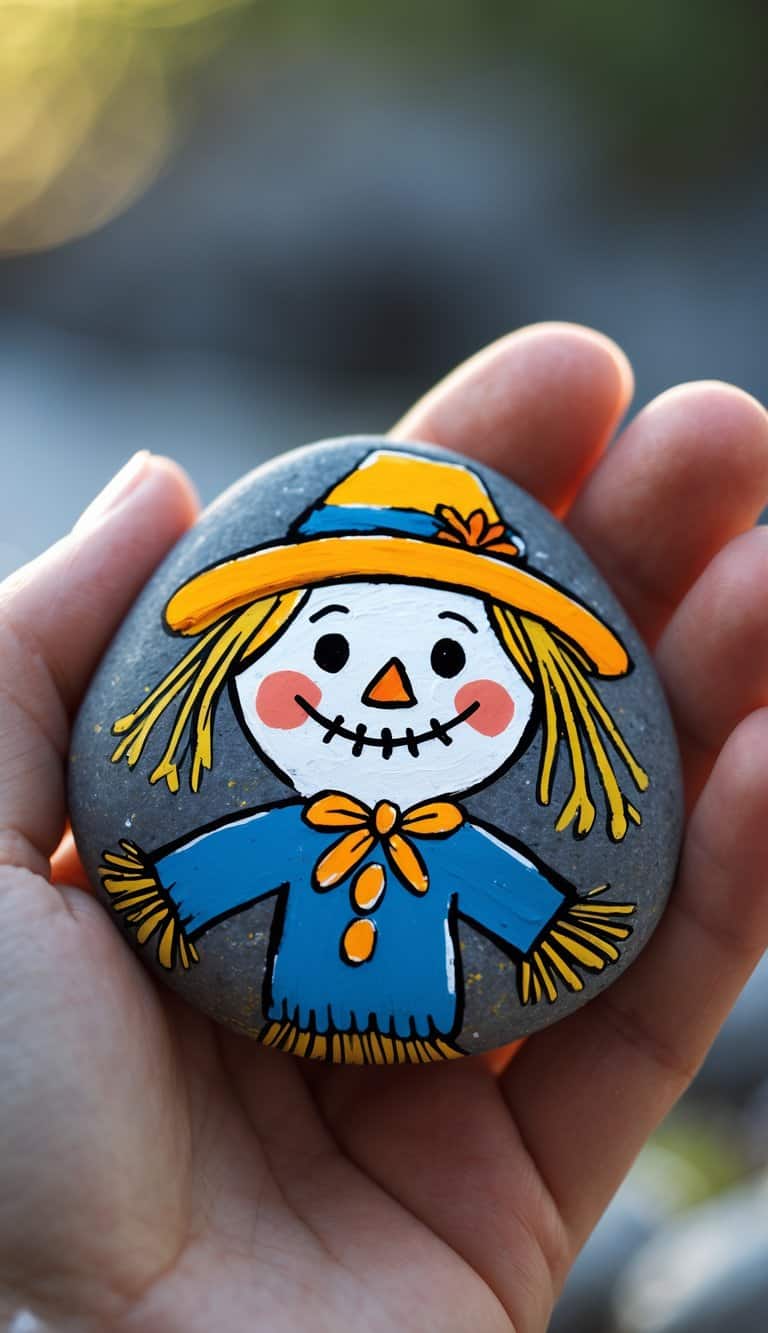 A hand holding a smooth river rock painted with a simple smiling scarecrow design.